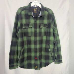 CPO Provisions Shirt Jacket Men's Large Black Green Plaid Flannel Button Front